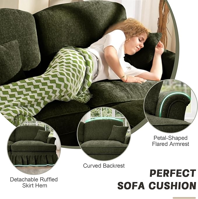 KEIKI Mid Century Modular Sofa with Flared Arms and Skirted Design, 137“ Oversized 4-Seater with 2 Ottomans Luxury Chenille U-Shaped Sectional Couches for Living Room, Chaise Lounge Indoor, Green