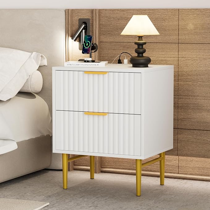 HQZX White Nightstand Set of 2 with Charging Station, Fluted Nightstand with Drawers, Modern Bedside Table with Gold Legs, End Table for Bedroom - Image 5