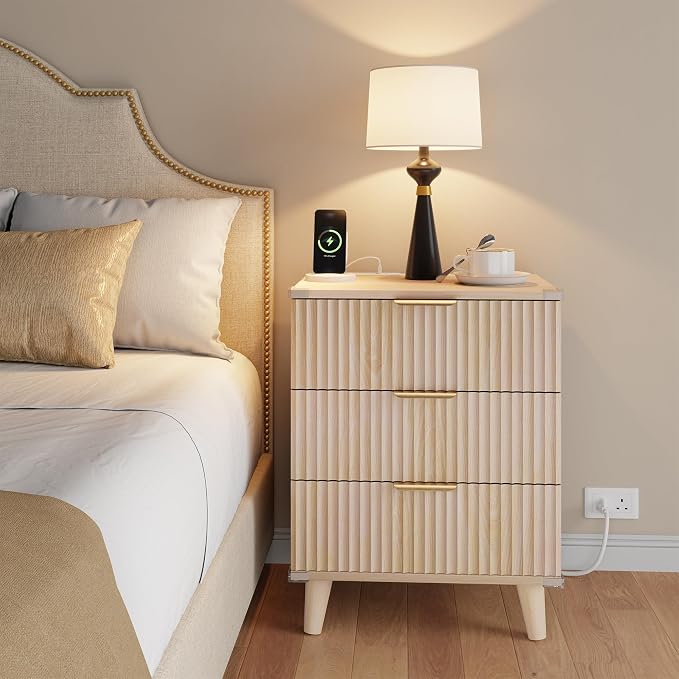Lulive Wood Nightstand with Charging Station, 3 Drawers Fluted Design, Modern End Table for Bedroom Natural Oak - Image 2
