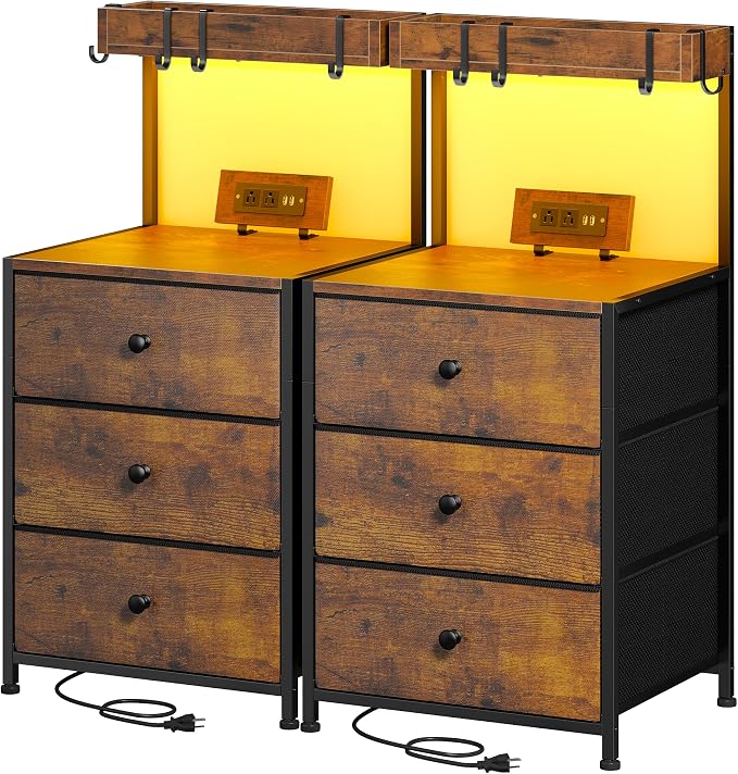 EnHomee Nightstands Set of 2, Nightstand with Charging Station and Led Nightstand with 3 Fabric Drawers, Bedside Table for Bedroom,Entryway, Hallway, Closet, 4 Hooks, 1 top Shelf, Rustic Brown by EnHomee