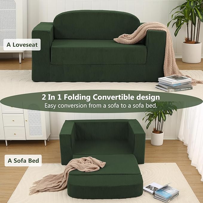 MeMoreCool Green Corduroy Fold-Out Loveseat Sofa Bed – Boneless Convertible Floor Couch with Foam, Compact Sleeper Futon with Washable Cover, No Assembly Required for Small Spaces & Bedroom