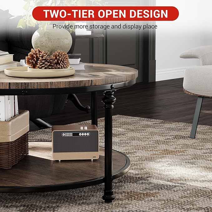 Garvee Round Coffee Table, 2 Tier Center Table with Storage for Living Room, 30.5 x 18 in, Wood Center Table for Living Room, Apartment, Easy to Assemble