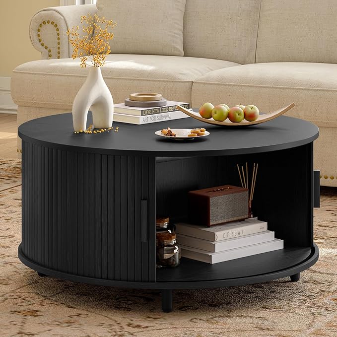 31.5 Inch Round Coffee Table, Mid-Century Modern Coffee Table wtih Storage, Fluted Coffee Table with Adjustable Footpads, 360° Rotating Sliding Door, Center Table for Living Room (Black)