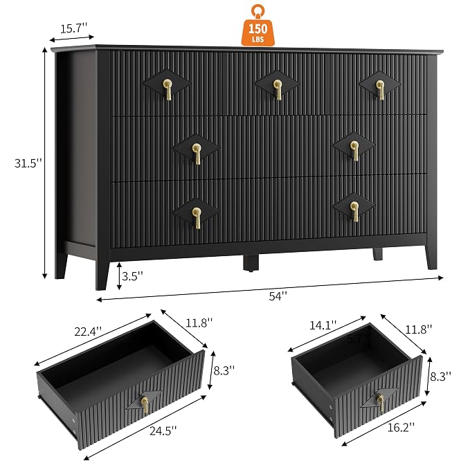 GarveeHome Fluted Dresser for Bedroom, 54 Inch Wide 7-Drawer Wood Dresser, Modern Chest of Drawers, Storage Organizer Cabinet for Living Room, Hallway, Entryway, Black - Image 2