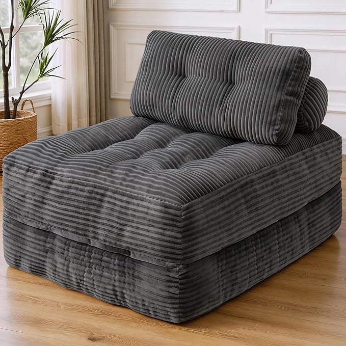 Folding Sofa Bed, Convertible Sleeper Chair with Pillow & Handle, Foldable Mattress Futon Chair Bed Lounge with Back Support, Comfy Floor Sofa for Living Room Bedroom, Grey, Single