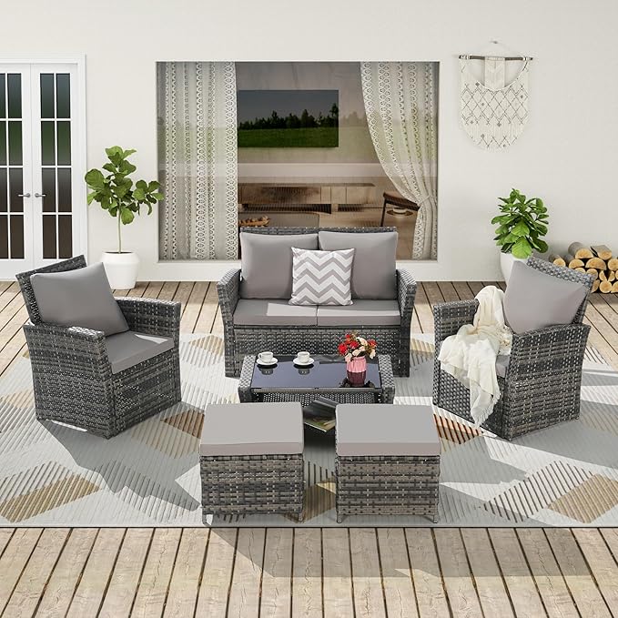 KEIKI 6-Piece Outdoor Patio Furniture Set, Rattan Patio Conversation Set with 2-Seater Sofa, 2 Single Sofa, 2 Ottomans, Coffee Table, PE Wicker Sofa Set, for Garden, Backyard, Lawn, Deck, Light Gray