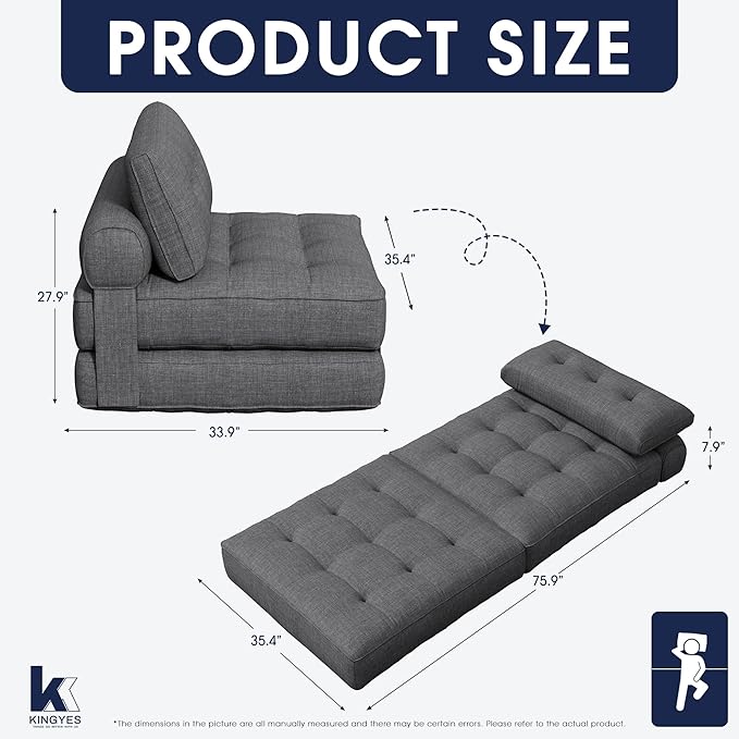 KINGYES Folding Chair Bed, 3 in 1 Convertible Sleeper Chair with Pillow, Foldable Futon Chair for Living Room, Gray