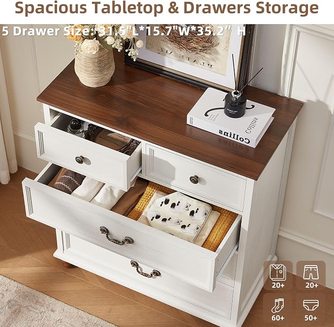 Joaxswe Farmhouse 5 Drawer Dresser for Bedroom, 35" Tall Rustic Chests of Drawers w/ 4 Solid Wood Feet, Mid Century Modern Wooden Closet Storage Dressers Organizer for Living Room, Hallway,White - Image 4
