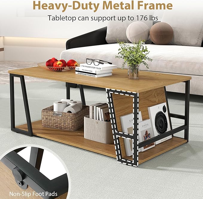 Giantex Modern Coffee Table with Storage, 2-Tier Rustic Wood Center Table with Shelf, Compartment, Metal Frame, Rectangular Geometric Living Room Table for Apartment (Oak)