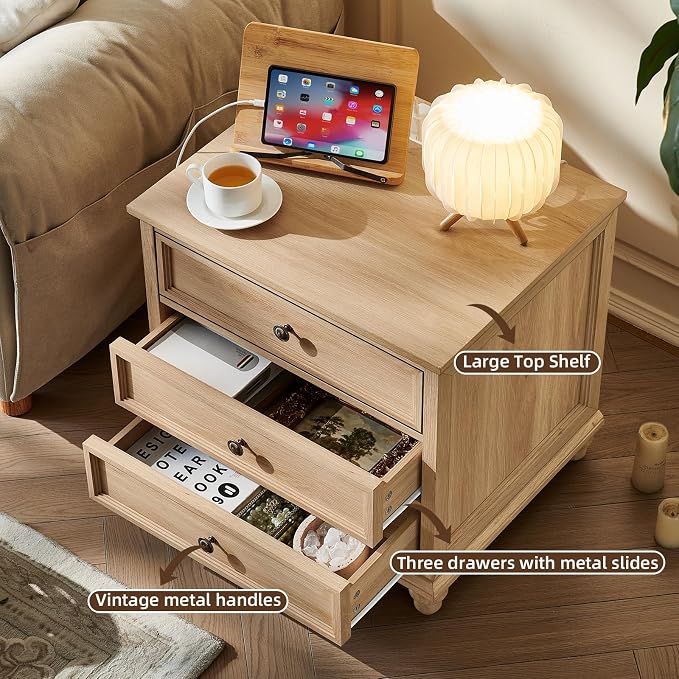 Joaxswe Farmhouse Nightstand with Charging Station, 24" Wide End Table with 3 Drawers,Natural Wood Dresser Cabinet for Bedroom, Bed Side Table Chest of Drawers,Night Stand for Living Room, Closet - Image 5