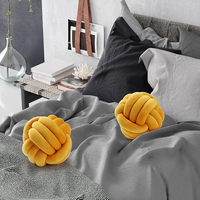 Namalu 2 Pcs Soft Knot Pillow Ball, Decorative Round Throw, Soft Knotted Plush Pillows, Handmade Stuffed Ball Pillows Cushion for Bedroom Sofa Couch Home Decor(7.87 Inches,Ginger Yellow)