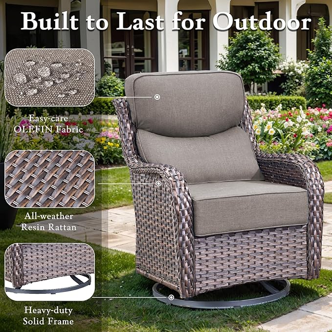 Luxury High Back Outdoor Furniture with 6-inch Extra Thick Cushions, Patio Furniture Set with Fire Pit Table & Swivel Chairs, 9 PCS Wicker Conversation Set for Yard, Deck, Poolside, Brown/Grey