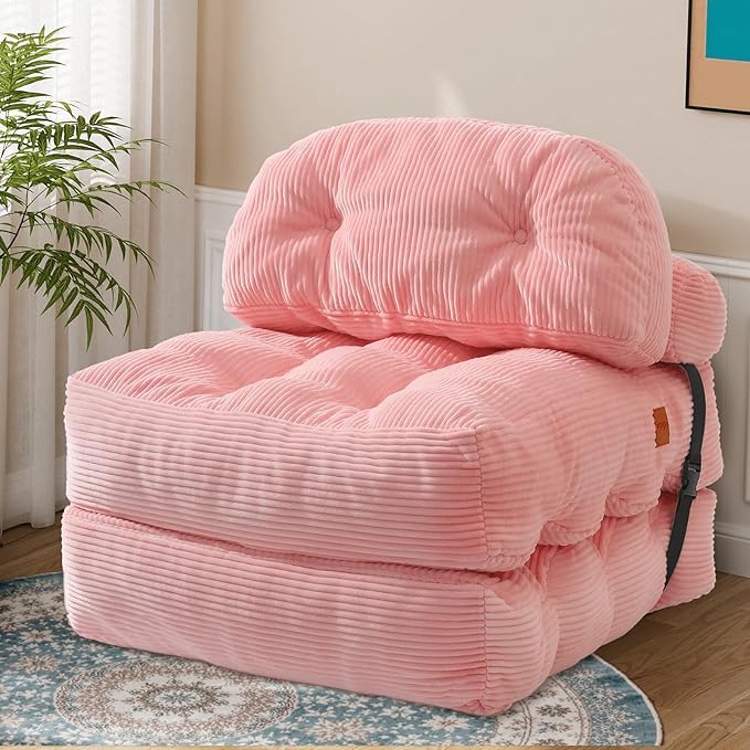 Folding Sofa Bed, Convertible Sleeper Chair with Back Support and Pillow Futon,Boneless Foldable Couch for Living Room/Guest Use/Home Office, Foldable Chair Bed for Adults, Pink