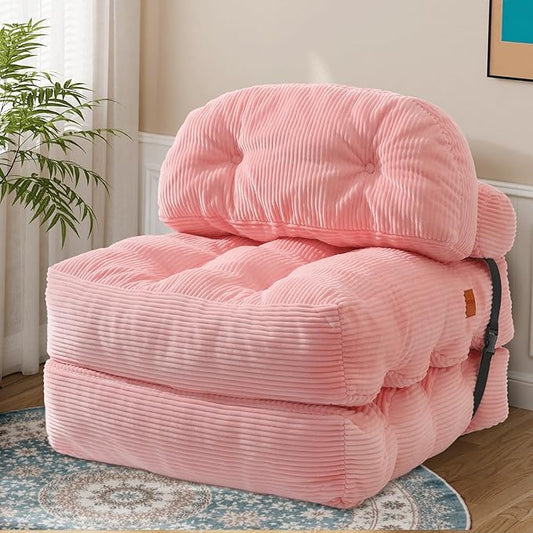 Folding Sofa Bed, Convertible Sleeper Chair with Back Support and Pillow Futon,Boneless Foldable Couch for Living Room/Guest Use/Home Office, Foldable Chair Bed for Adults, Pink