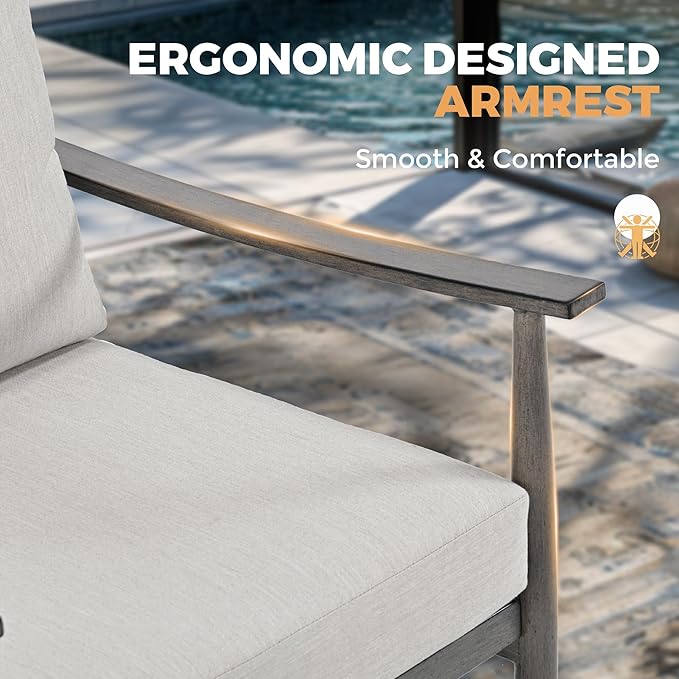 HAPPATIO Patio Outdoor Furniture Set - 7 Pieces Aluminum Outdoor Conversation Set Includes 1 Loveseat, 1 Side Table, 1 Coffee Table, 2 Swivel Chairs, and 2 Ottomans for Porch, Yard, Lawn (Grey)
