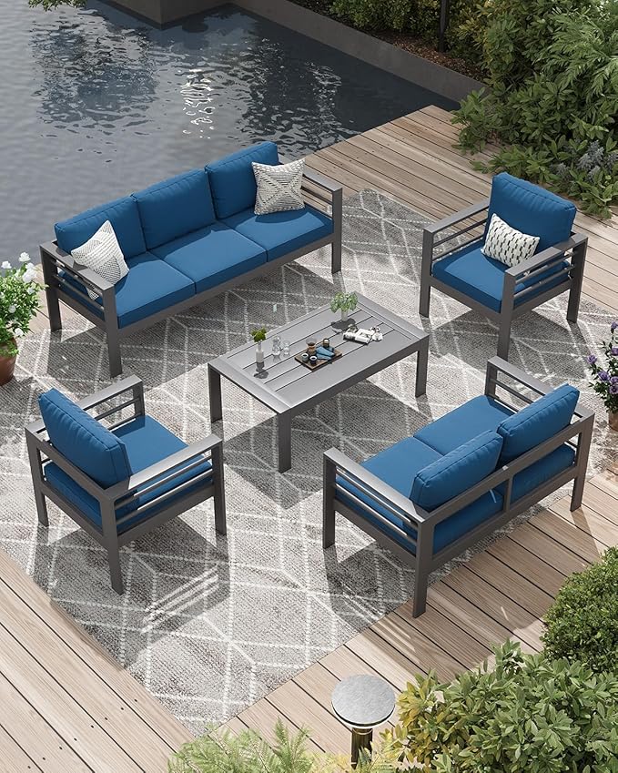 AECOJOY Aluminum Patio Furniture Set, 7 Seats Modern Outdoor Furniture with Coffee Table, 5 Pieces Metal Conversation Sectional Sofa, Blue