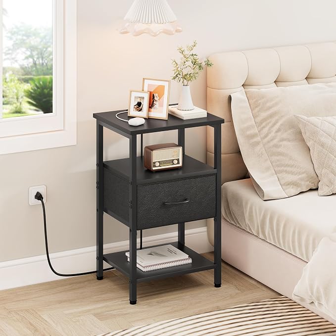 Vagusicc Set of 2 Nightstand with Charging Station, Bed Side Table with Adjustable Fabric Drawer, Night Stand for Bedroom, 3-Tier Storage End Table for Living Room, Tall Nightstand for Bedroom, Black - Image 6