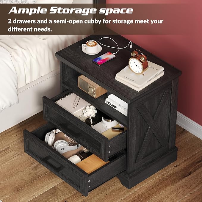 knoworld 24 Inch Wide Farmhouse Nightstands with Charging Station, Dark Gray Nightstand with 2 Large Drawers, Rustic Wood End Table for Bedroom - Image 4