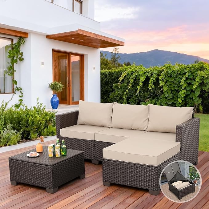 Patio Furniture Set 3 Piece Outdoor Sectional Sofa Set with Wicker Couch, Ottoman, Patio Table with Storage All-Weather Non-Slip Cushions and Waterproof Covers, Khaki
