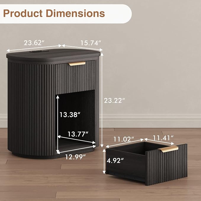 Fluted Nightstand with Charging Station, 23.6" Large Bedside Side Table with Drawer, Wood End Table with Storage, Curved Round Corner, Furniture Bedroom Sofa, Mid Century Modern, Vintage, Black - Image 2