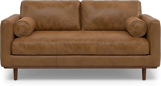 SIMPLIHOME Morrison Mid-Century Modern 72 inch Wide Sofa with Ottoman Set in Caramel Brown Genuine Leather for the Living Room and Family Room