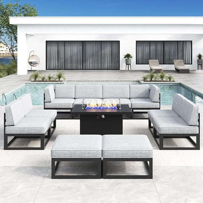 LayinSun Large Aluminum Patio Furniture Set with Fire Pit Table, 11 Pieces Modern Outdoor Conversation Set Sectional Metal Sofa Set with Olefin Cushion