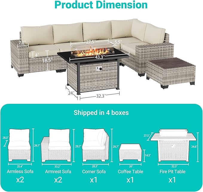 7-Piece Outdoor Patio Furniture Set with 55,000 BTU Fire Pit Table, PE Wicker Rattan Sectional Sofa Patio Conversation Set with Thickened Cushions & Coffee Table, Ivory