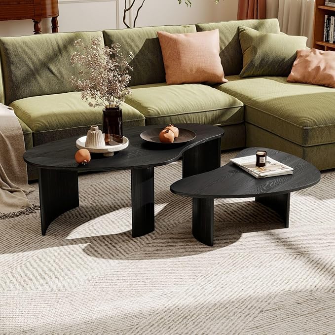 2-Piece Irregular Mango Nesting Coffee Table Set, Black Solid Wood Coffee Tables with Fluted Legs, Modern Minimalist Accent Tables for Living Room, Bedroom & Small Apartments