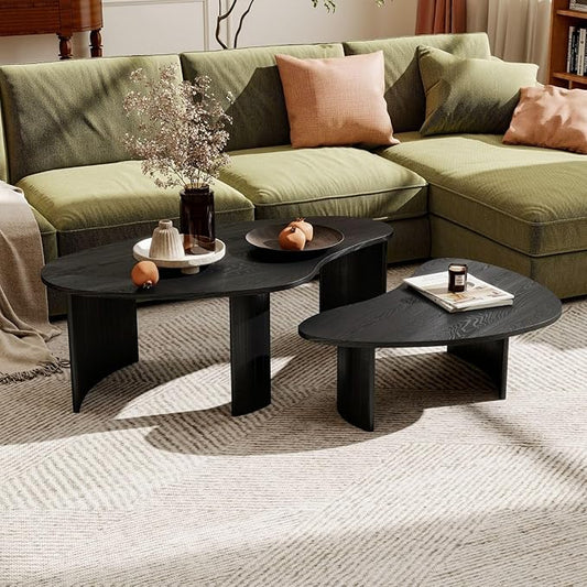2-Piece Irregular Mango Nesting Coffee Table Set, Black Solid Wood Coffee Tables with Fluted Legs, Modern Minimalist Accent Tables for Living Room, Bedroom & Small Apartments