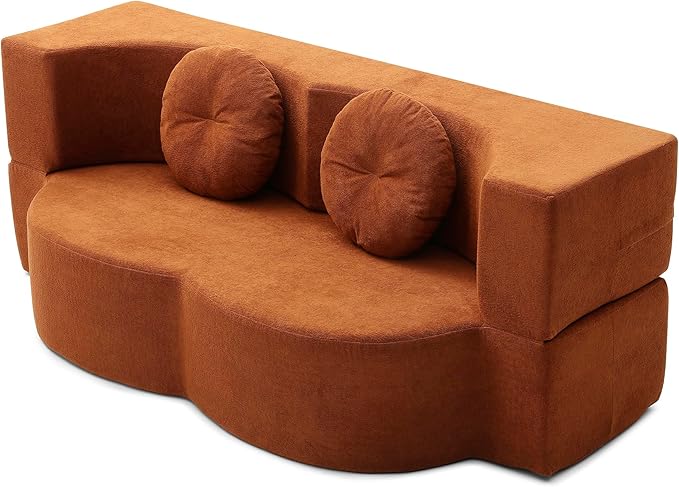KEIKI 2-in-1 Folding Sofa Bed with Pillow, Queen Sleeper Sofa, Floor & Futon Loveseat Couch, Foam Folding Mattress for Living Room, Guest Use, Office, Apartment, No Assembly Required, Orange