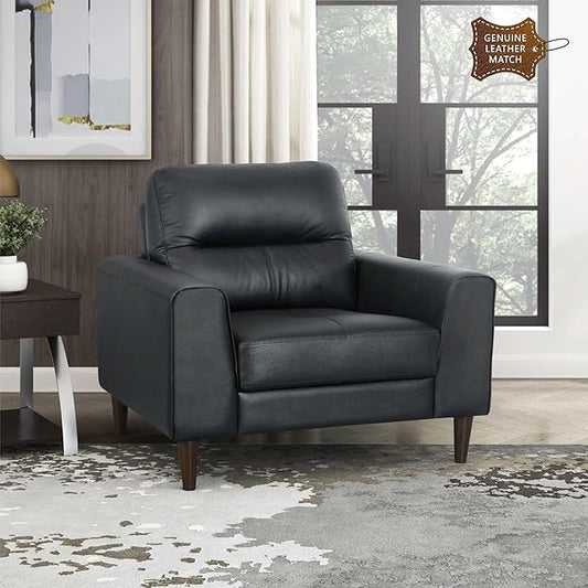 Lexicon Leather Match Accent Chair, Modern Sofa Armchair, Oversized Seat, Solid Wood Legs,Top Grain Leather Lounge Chair for Living Room, Bedroom, Office, Apartment, Waiting Room, Black