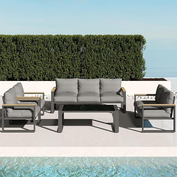 RoyalCraft Aluminum Patio Furniture Set, 7-Seats Outdoor Conversation Set with Coffee Table, Metal Outdoor Patio Furniture Set for Porch Backyard Garden, Grey