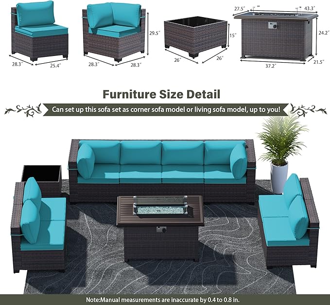 10 Pieces Outdoor Patio Furniture Set,Outdoor Sectional Furniture with 43" 55000 BTU Gas Propane Fire Pit Table,All Weather PE Rattan Wicker Patio Conversation Set,Turquoise Blue