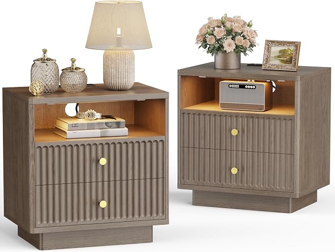 PAPROOS 23'' Fluted Nightstand Set of 2 with Charging Station, Modern Bedside Table with Motion Sensor LED Light, 2-Drawer Storage Cabinet for Bedroom & Home Office (2 pc Brown Gray) by CalmDesignQuietRefinement
