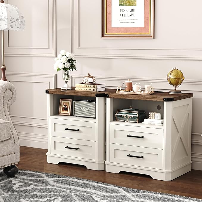 Yusong 23.62” Tall Farmhouse Nightstand, Rustic Wooden Night Stand with Charging Station, Beside Table with Drawers and Open Storage, End Tables for Bedroom, White - Image 4