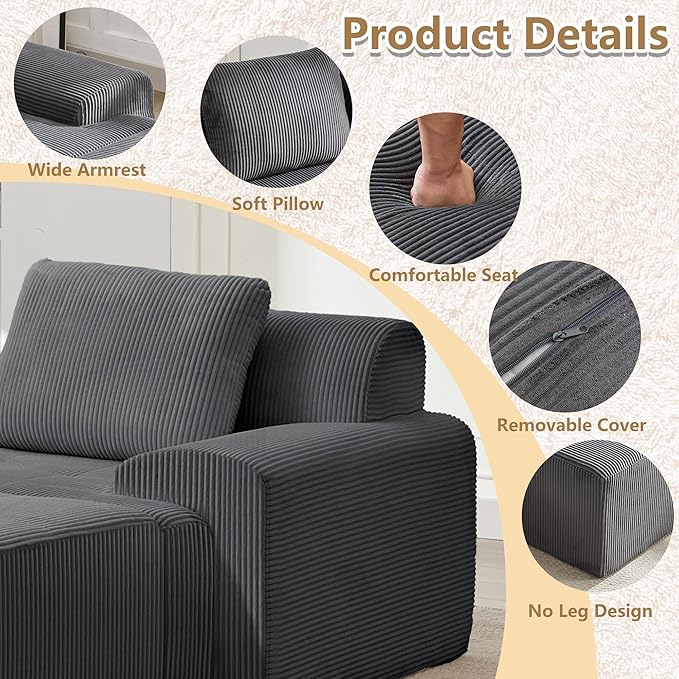 KIGOTY Modular Sectional Sofa, 2 PCS Comfy Cloud Sectional, Corner Couch, Modern Boneless Couch for Living Room, No Assembly Required,Grey