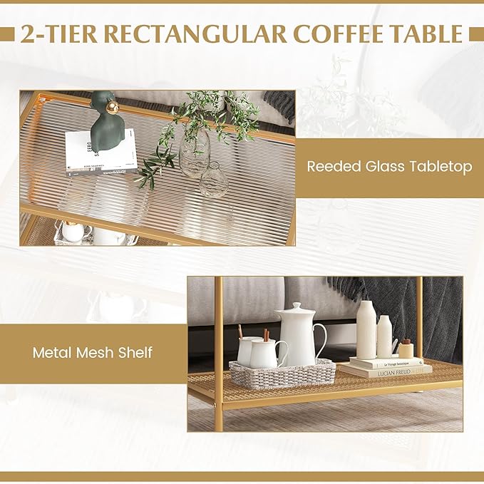 Tangkula Glass Coffee Table, 2-Tier Rectangular Tempered Glass Center Table w/Metal Mesh Storage Shelf, Modern Accent Table with Gold Metal Frame for Living Room & Small Spaces (Gold, 35.5”L)
