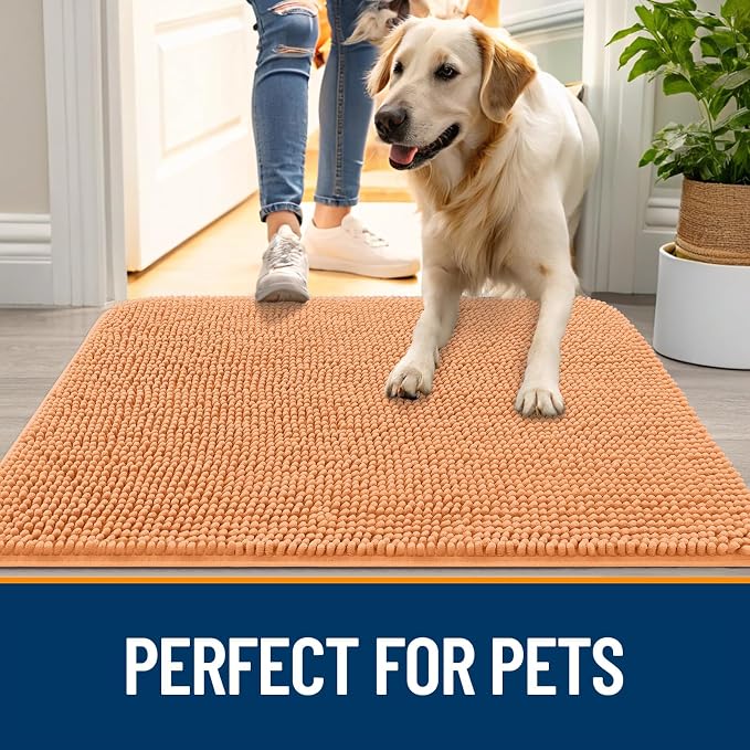 OLANLY Dog Door Mat for Muddy Paws 36x24, Absorbs Moisture and Dirt, Absorbent Non-Slip Washable Doormat, Quick Dry Chenille Mud Mat for Dogs, Entry Indoor Entryway Carpet for Inside Floor, Orange - Image 6