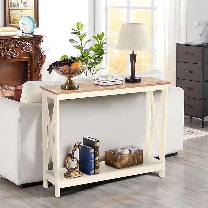 PHI VILLA White Entryway Table, Farmhouse Console Table Narrow Sofa Table Hallway, Ivory Skinny Entry Table