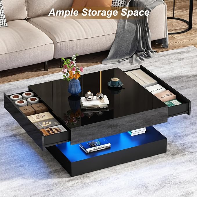 33.9" LED Coffee Table with Storage, Modern High Glossy Living Room Table w/2 Drawers,Double-Layer Design Large Square Center Table for Living Room, Home, Office, Black