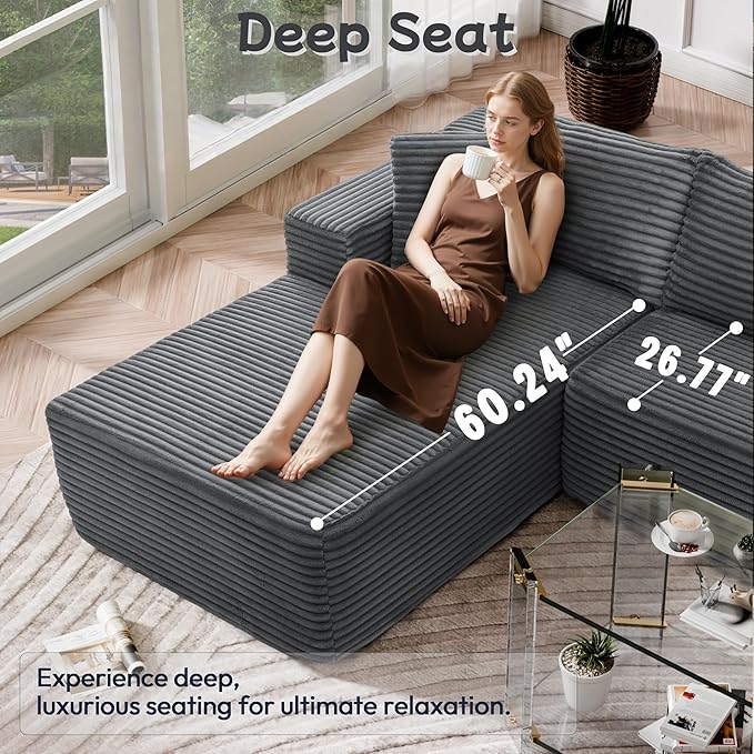 Cloud Sectional Couch, 105” Fluffy Modular L-Shape Sofa with Right Chaise Lounge, Modular Sectional Sofa in a Box, Boneless Couch for Living Room, No Assembly Required, Flannel Gray