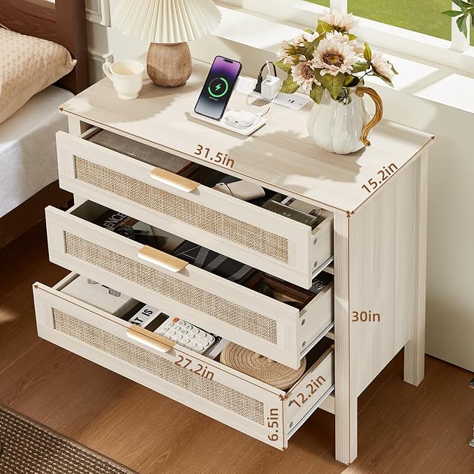LEYAOYAO 31.5" Wide Rattan Nightstands Set of 2 with Charger Station, Large Boho 3 Drawer Night Stand, Grey White Bedside Table with Storage, Bed Side End Tables for Bedroom, Living Room, Hallway - Image 2