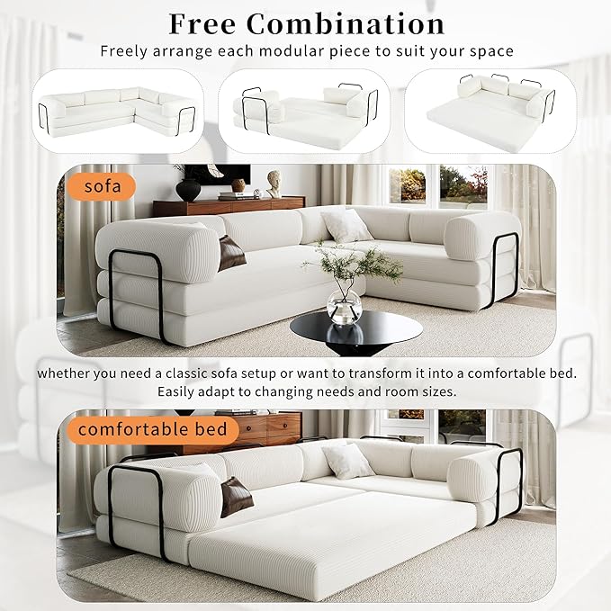Merax L-Shaped Modular Sofa Bed in Corduroy Fabric, Convertible Sleeper Sofa Bed, 4 Seat Floor Couch for Living Rooms and Apartments, No Assembly Required, Beige