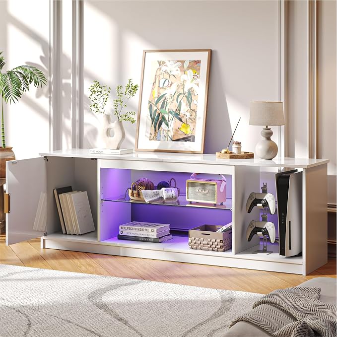 Bestier Glossy Fluted TV Stand for 65 Inch TV, Gaming LED Entertainment Center with Cabinet for PS5 Xbox, TV Console with Adjustable Glass Shelves for Living Room Bedroom, Bright White - Image 3