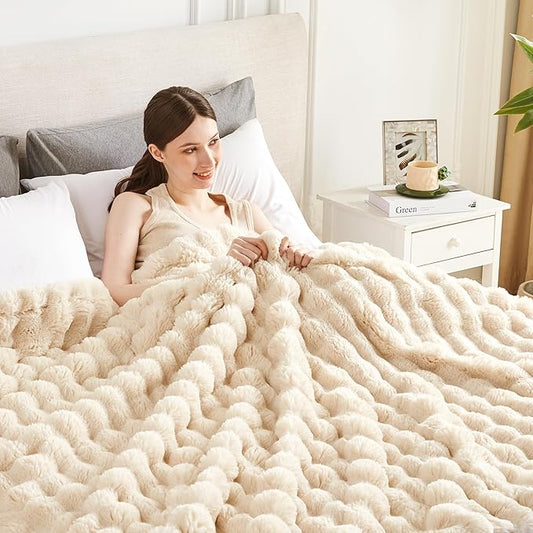 50x60 Inches Ultra-Soft Fuzzy Faux Fur Plush Throw Blanket - Thick, Warm Sherpa for Couch, Sofa, Bedroom, Camping - Decorative Blanket for Cozy Warmth, Bubble Khaki