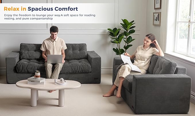 MAXYOYO Oversized Loveseat Sofa Couch, Upholstered Bean Bag Chair Cloud 3-Seat for Adults, Boneless Couch with Tufted Cushion & Pillows, Sofa in A Box, No Assembly Required, Dark Grey