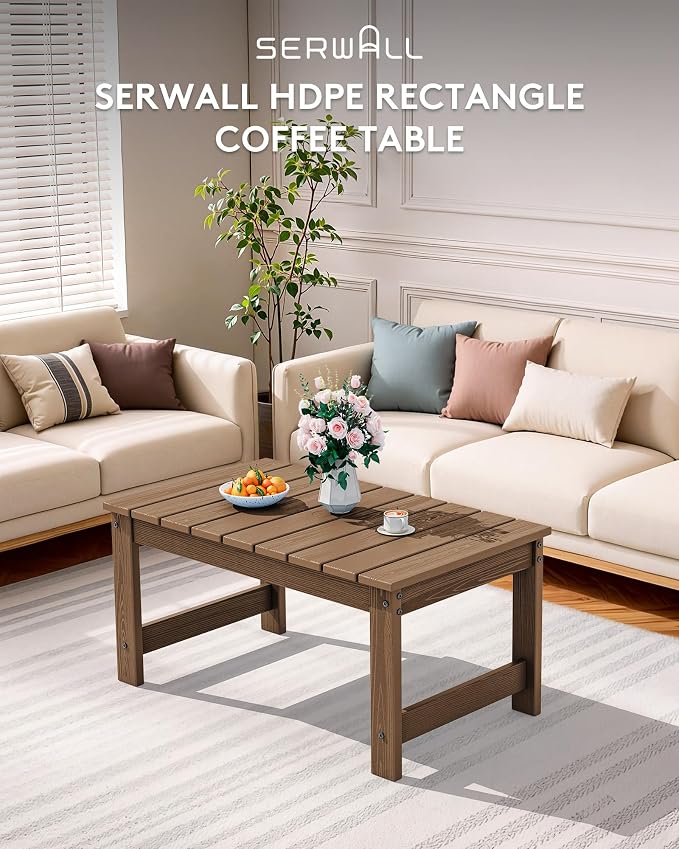 SERWALL Outdoor Coffee Table with 1.69" Umbrella Hole, HDPE Patio Coffee Table for Outside, Rectangle, Brown - Image 7
