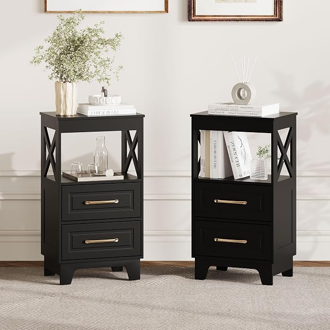 Tall Nightstand Set of 2 Side Table with 2 Drawers Modern Night Stand Wooden End Table Bedside Table with Upper Open Shelf Solid Feet for Bedroom Black - Image 7