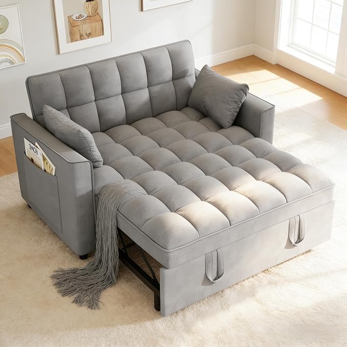 3 in 1 Convertible Sleeper Sofa Bed, Pull Out Couch Loveseat Futon, Adjustable Backrest Velvet Sofa with Pillows and Side Pockets for Living Room Apartment, Light Grey