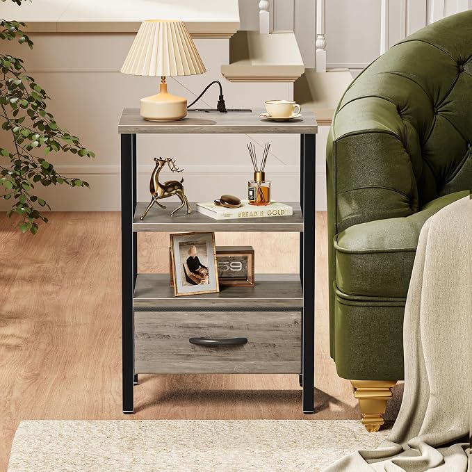 SUPERJARE Nightstand with Charging Station, Bed Side Table with Adjustable Fabric Drawer, Night Stand for Bedroom, 3-Tier Storage End Table, for Living Room, Oak - Image 7